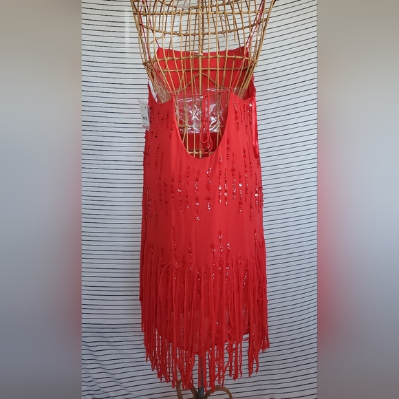 NWT- FREE PEOPLE CRYSTAL CLEAR FRINGE SPARKLE BEADED MINI DRESS RED - Picture 5 of 7